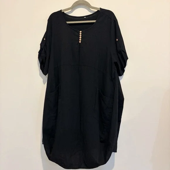 Women's Black Linen Shirt Dress , Balloon Skirt Size XL Pockets Lagenlook Boho - Picture 1 of 7